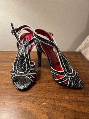Stunning Charles Jourdan Black & White Polka Dot Strappy Heels with Red Insole
